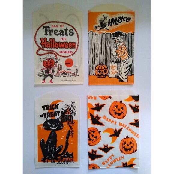 Halloween Candy Treat Bags Witch On Broom JOL Cat Bat Pumpkinhead Western Cactus - Picture 1 of 4